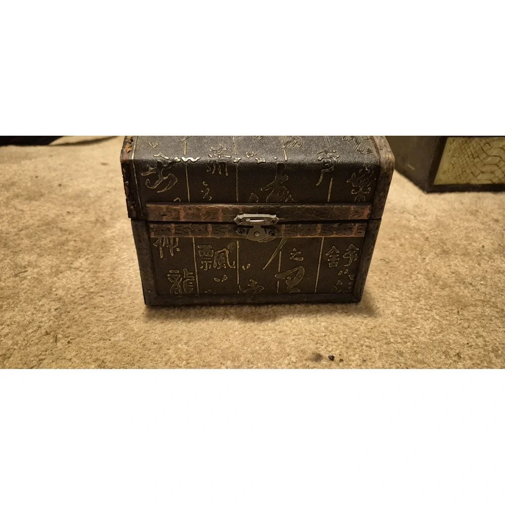 2 Vintage Wooden Trinket Boxes Asian Style Chest Jewelry Box Lot